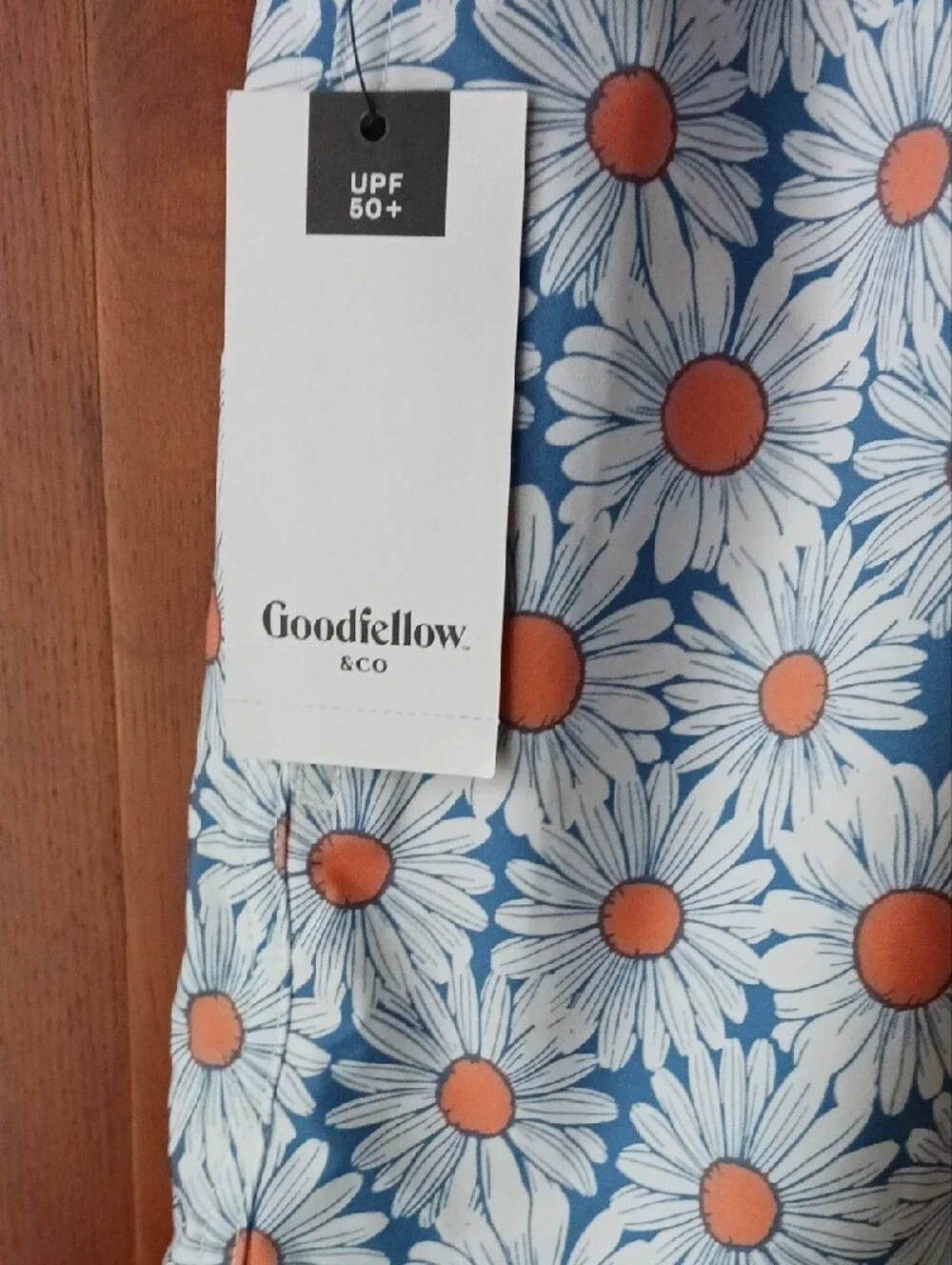 NEW!! Goodfellow & Co Light Blue Daisy-Print Swim Shorts with Orange Centers